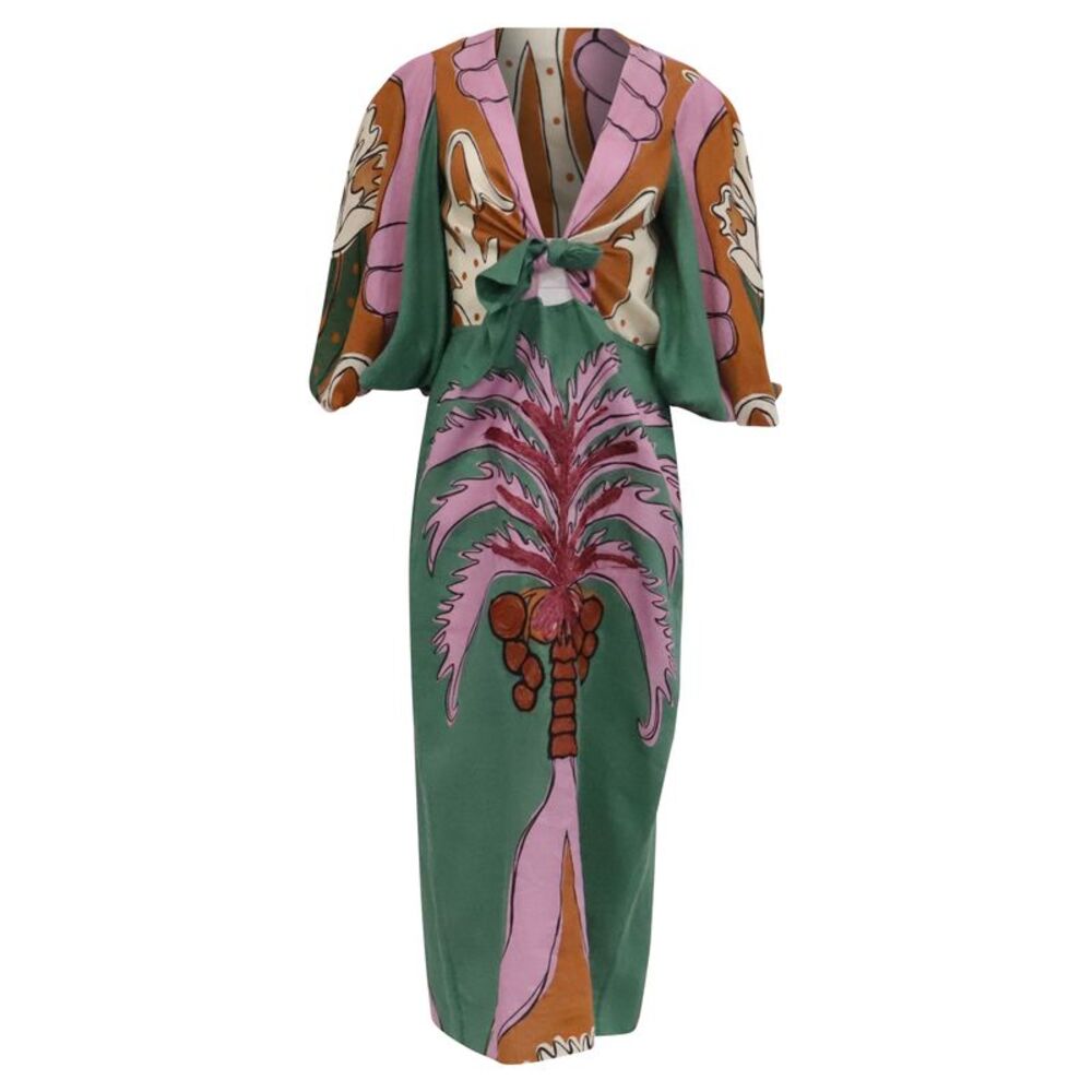 Johanna Ortiz Tropical-Print Midi Dress in Multicolor Linen